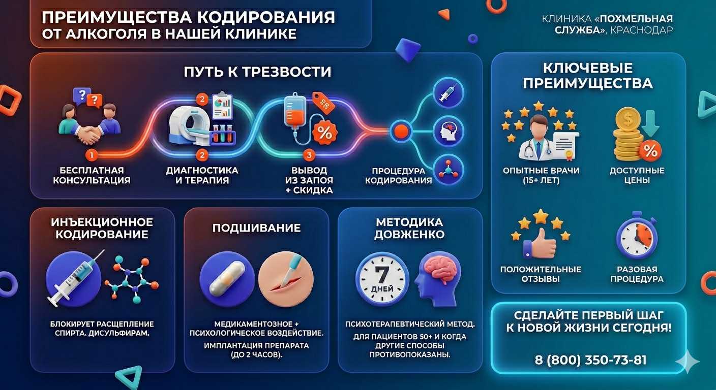 Инфографика о методах кодирования от алкоголя в Заинске: инъекции, подшивание, метод Довженко. Преимущества клиники и этапы лечения.