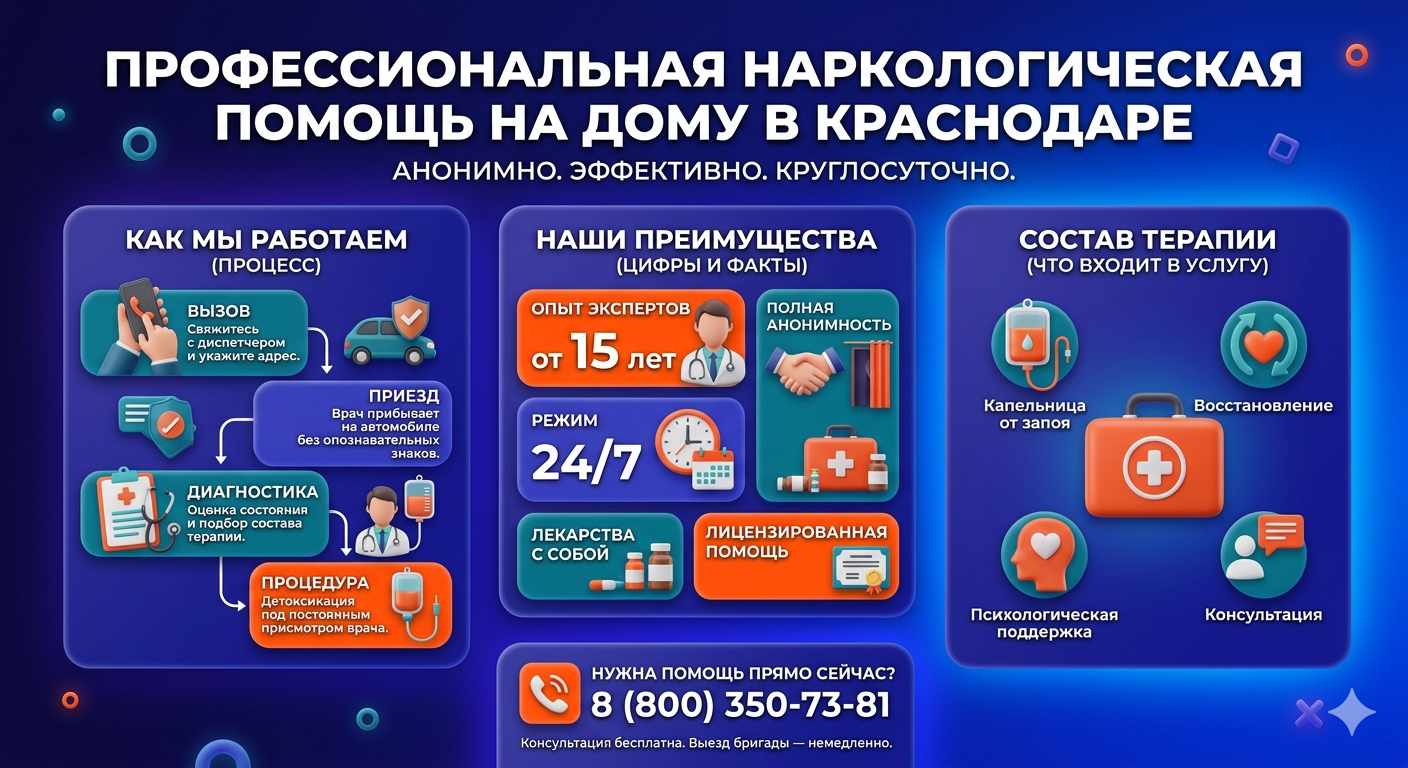 Инфографика о принципах лечения алкоголизма на дому в Заинске: этапы вызова нарколога, преимущества анонимной детоксикации и состав медицинской помощи.